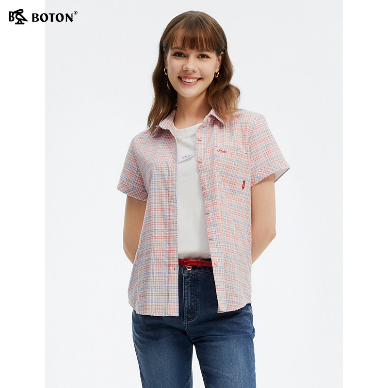 波顿2025夏季新款女士短袖彩色透气格子衬衫高端美式休闲衬衣