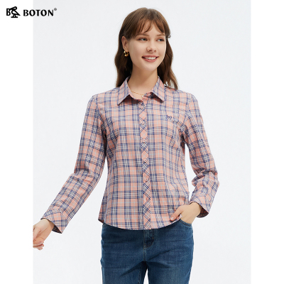 波顿2025年春夏季新款女士粉蓝白色长袖格子衬衫高端美式休闲衬衣