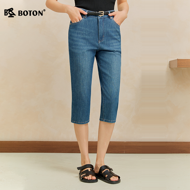 Boton/波顿2026年春夏季女装牛仔宽松高腰弹力直筒七分裤百搭款