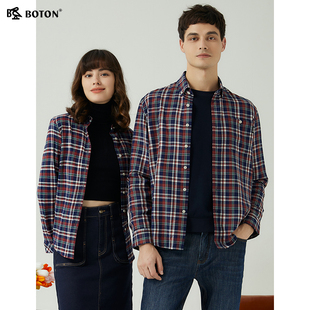 春秋季 波顿情侣款 复古高端男女新款 美式 休闲衬衣 红蓝白色格子衬衫