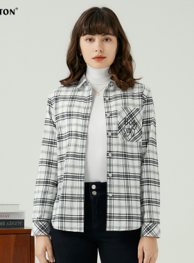 [长绒棉]波顿2025春秋新款女长袖黑白色格子衬衫美式休闲高端衬衣