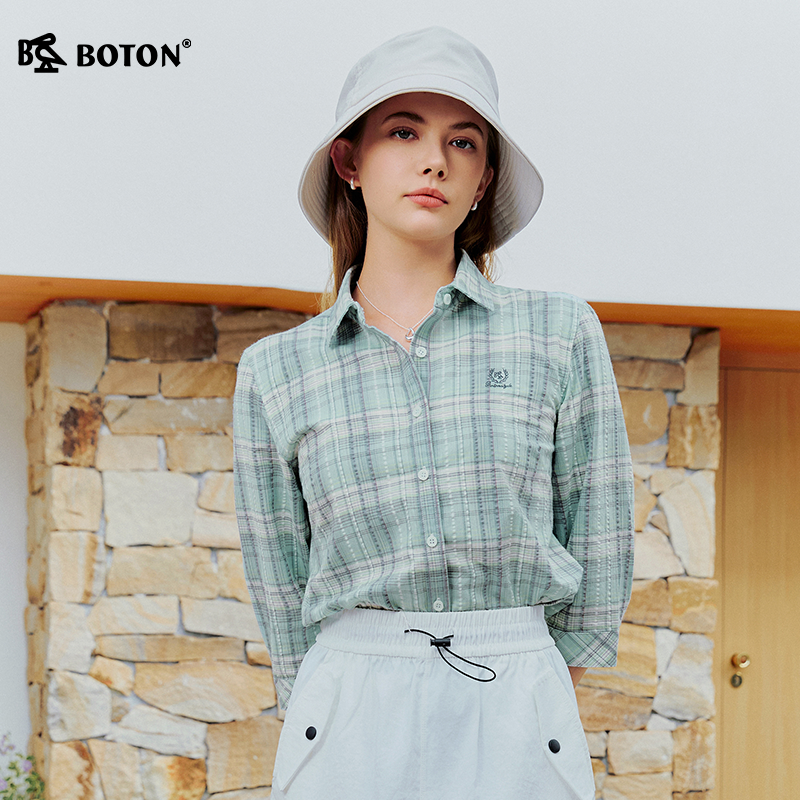 Boton/波顿女装梭织合身翻领全开襟格仔七分袖衬衫2026年春夏季