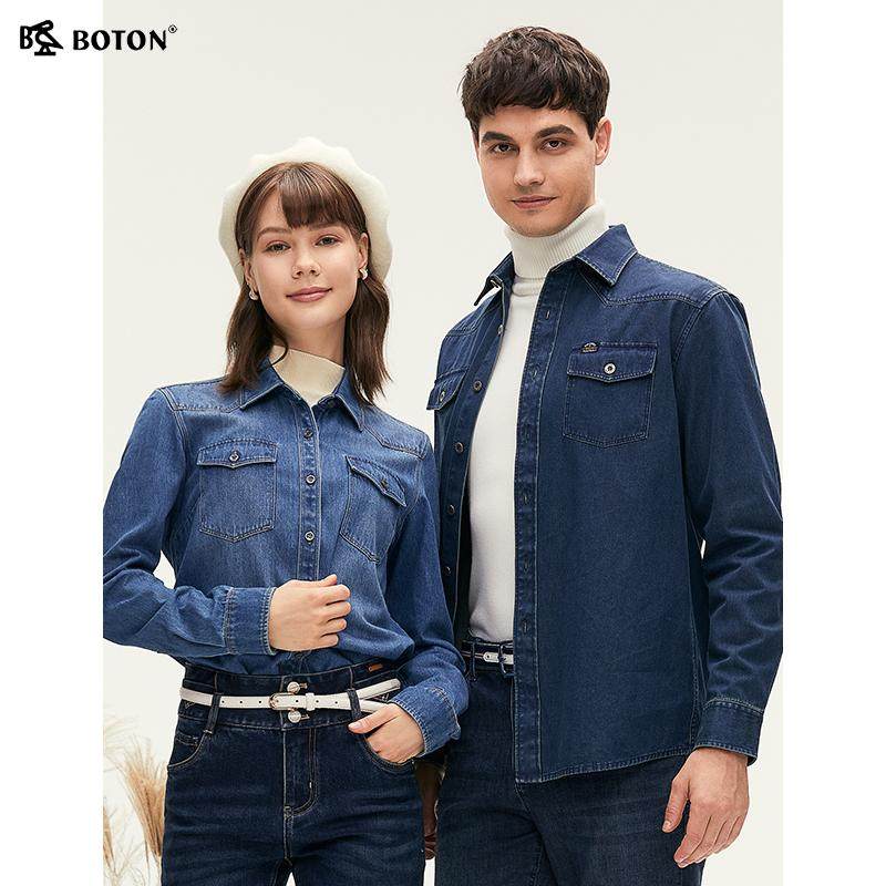 波顿2025秋冬季新款男女长袖牛仔工装风衬衫情侣款高端休闲衬衣