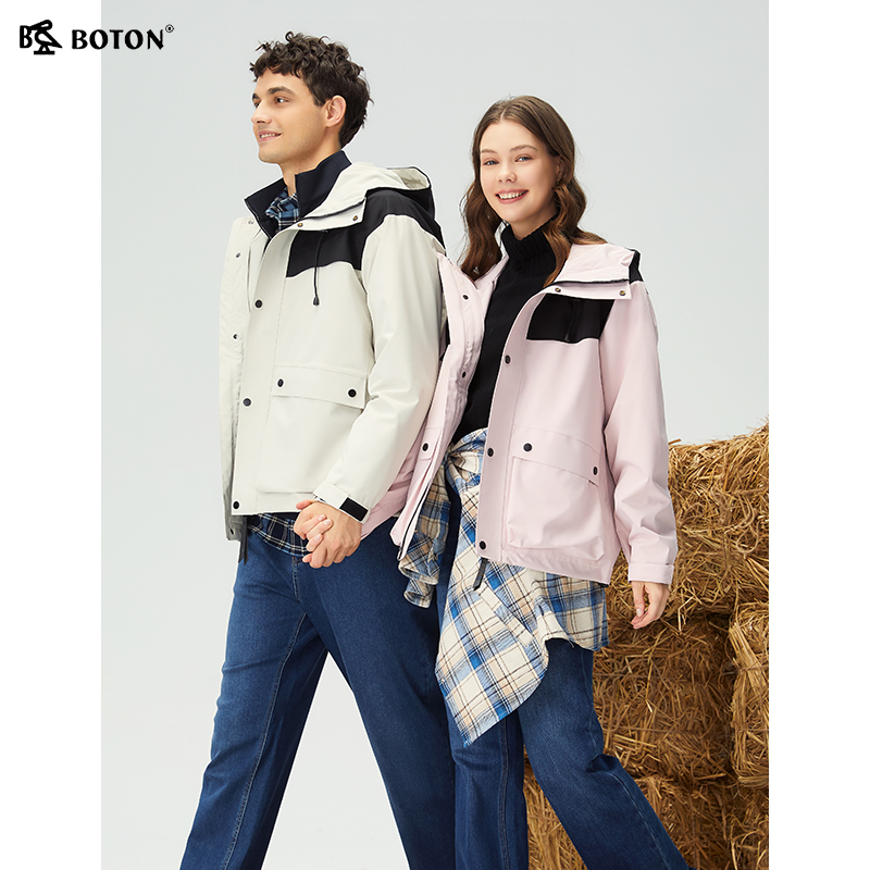 波顿秋冬新款机能撞色夹克防风防水男女同款户外运动休闲连帽外套