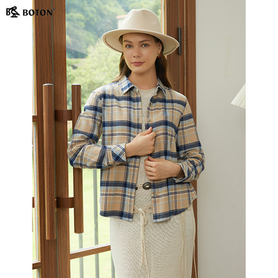 波顿翻领长袖纯棉格子衬衫