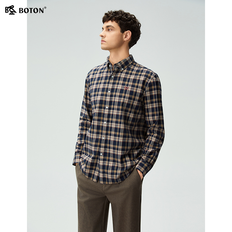 波顿男士格子长袖衬衫