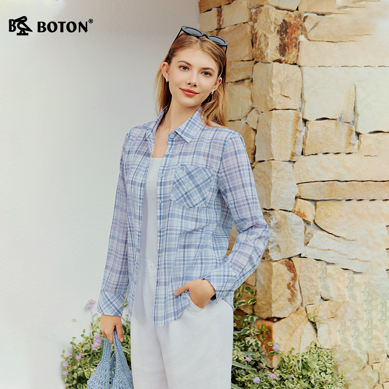 Boton/波顿女装梭织宽松翻领全开襟格仔长袖衬衫透气格子春季