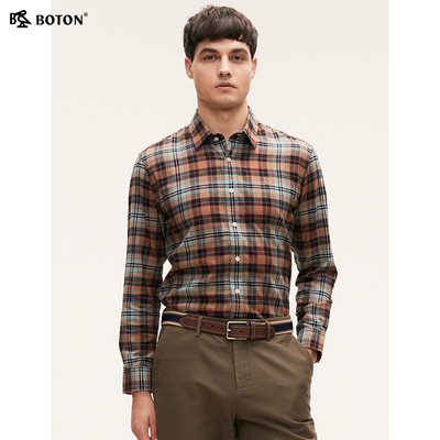 [抗菌除臭]波顿2025秋季新款男棕蓝白色长袖格子衬衫高端休闲衬衣