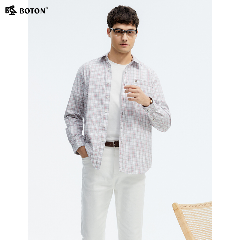 波顿2025春夏季新款男士红绿白色长袖格子衬衫高端美式休闲衬衣