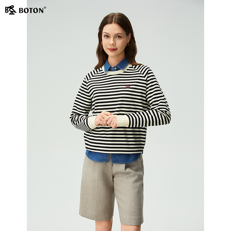 波顿女士条纹圆领长袖针织衫