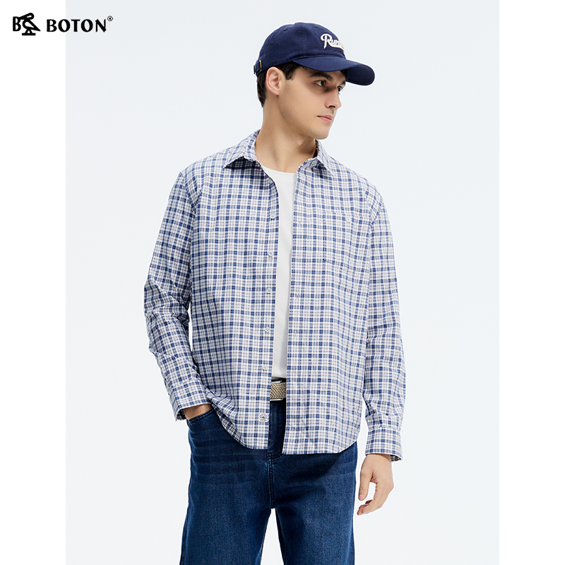 波顿2025年春夏季新款男士蓝白色长袖格子衬衫高端美式休闲衬衣
