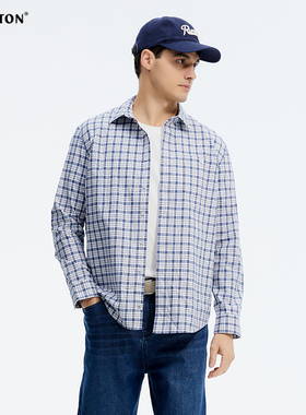 波顿2025年春夏季新款男士蓝白色长袖格子衬衫高端美式休闲衬衣