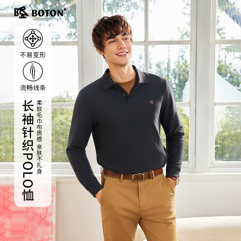 波顿2026秋冬新款男士长袖POLO衫深色毛巾布肌理合身针织刺绣上衣