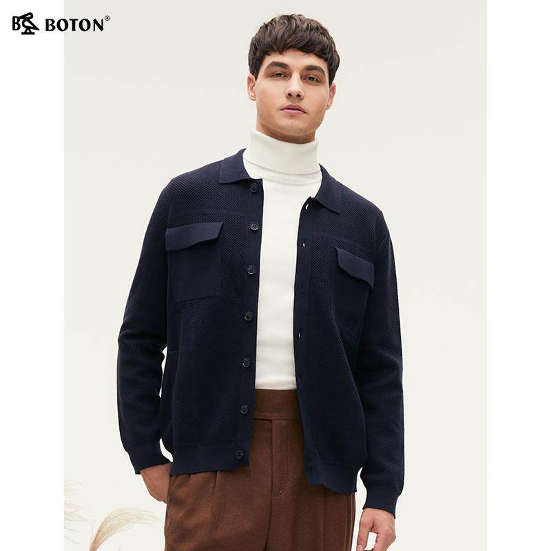 波顿2025秋冬季新款翻领工装风深蓝色男士开衫针织毛衣高端外套,男装,针织衫/毛衣,淘宝优惠券,粉丝福利购,淘宝优惠卷