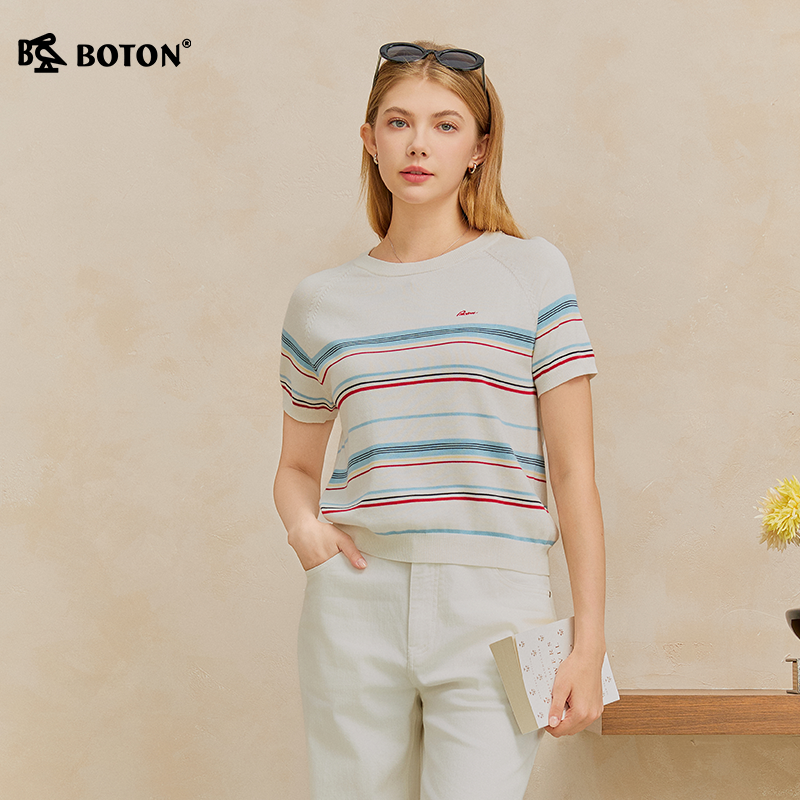 Boton/波顿圆领短袖毛织条纹T恤女装宽松上衣时髦休闲2026年春夏