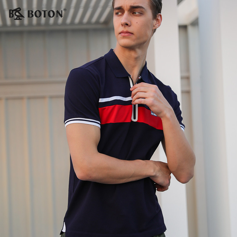 波顿/Boton夏季中年条纹透气polo衫男式短袖T恤薄款纯棉翻领上衣
