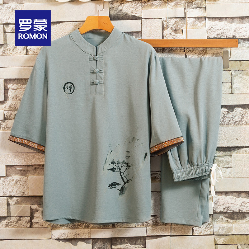 罗蒙中国风夏季棉麻套装男短袖T恤复古九分裤两件套唐装汉服禅服