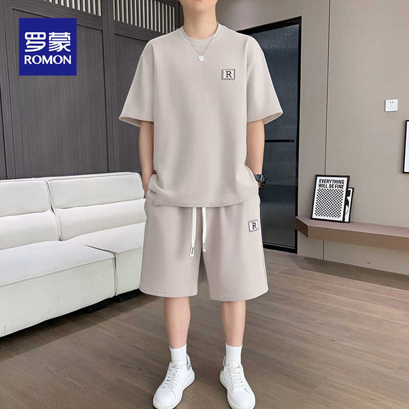 罗蒙男士短袖T恤套装夏季冰丝薄款宽松休闲运动五分裤两件套男装