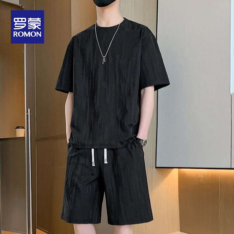 罗蒙休闲运动套装男士2026年夏季薄款短袖搭配冰丝五分短裤男一套