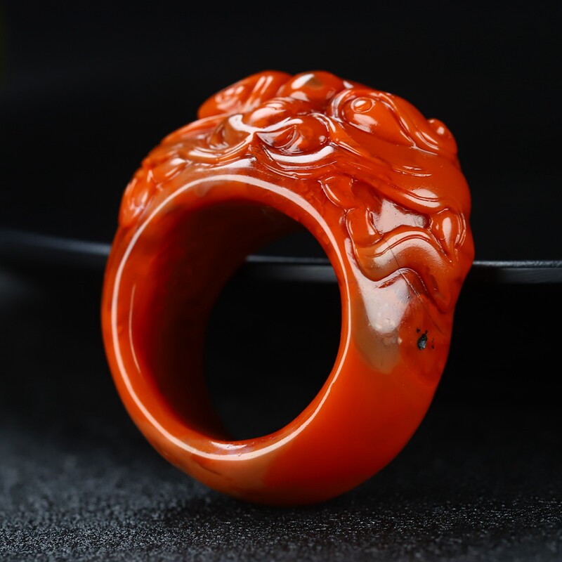 天然凉山保山南红玛瑙戒指指环原石柿子红男女款貔貅 龙南红扳指J