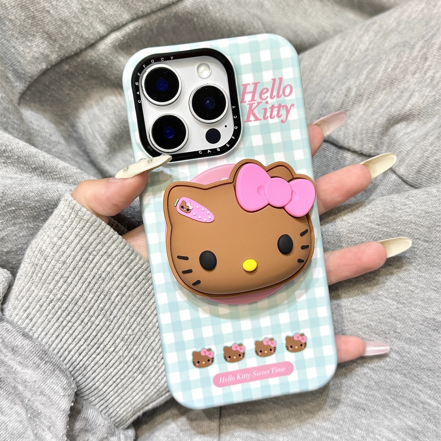 小清新白绿格子纹黑皮kitty猫磁吸支架适用于iphone16promax苹果14手机壳15新款15pro女16菲林硬壳13pm防摔套