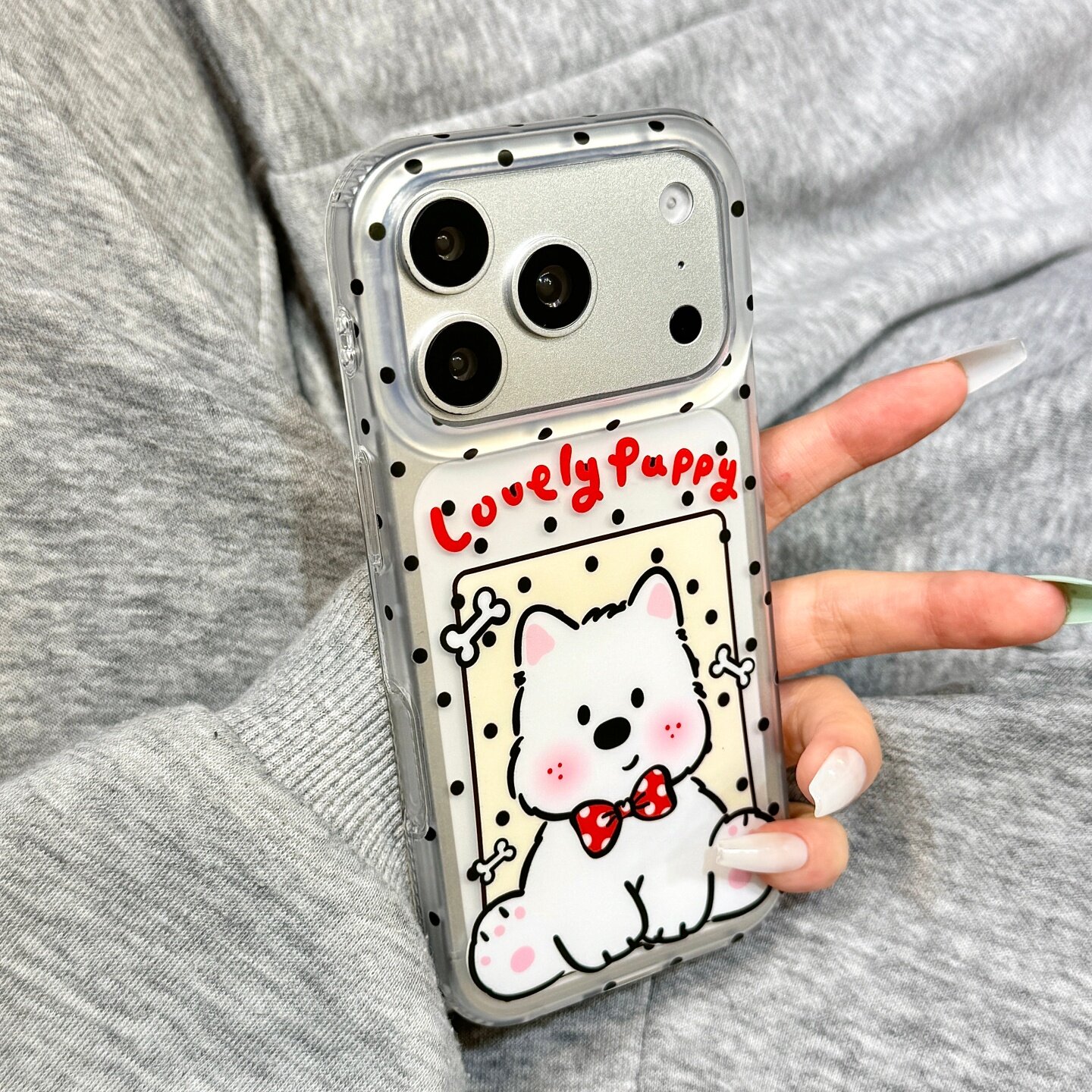 ins简约风黑色波点蝴蝶结腮红狗狗适用于iphone17prom