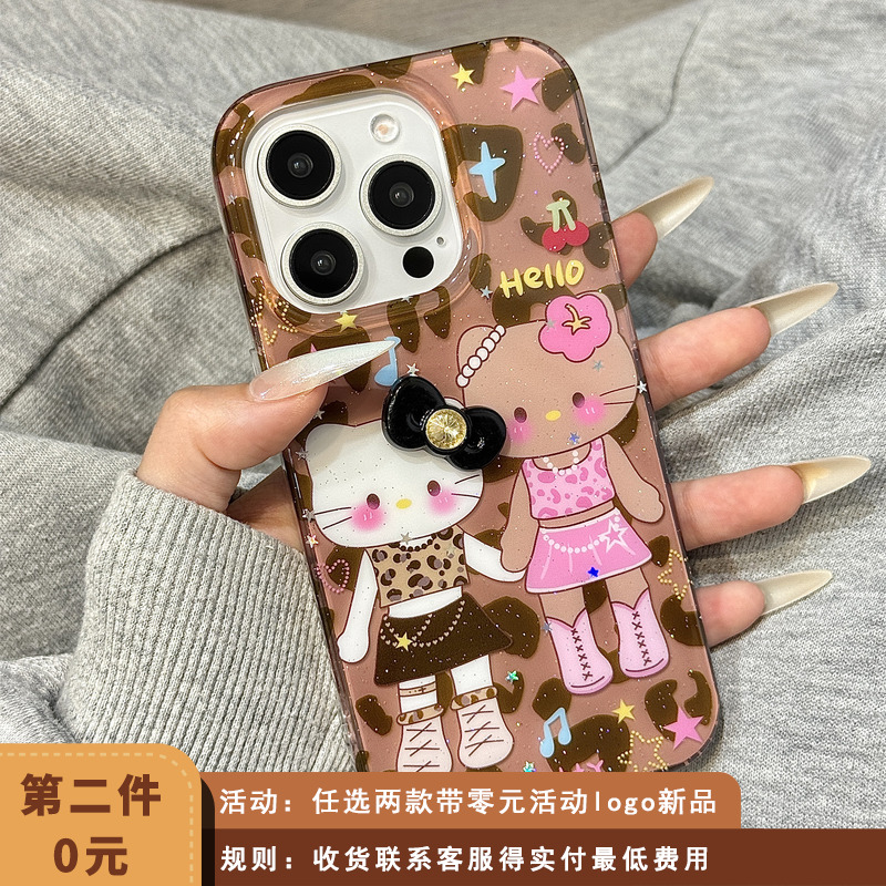 细闪粉亮片豹纹黑皮kitty猫立体蝴蝶结适用于iphone16promax苹果14手机壳15新款15pro女16可爱13pm硅胶防摔套