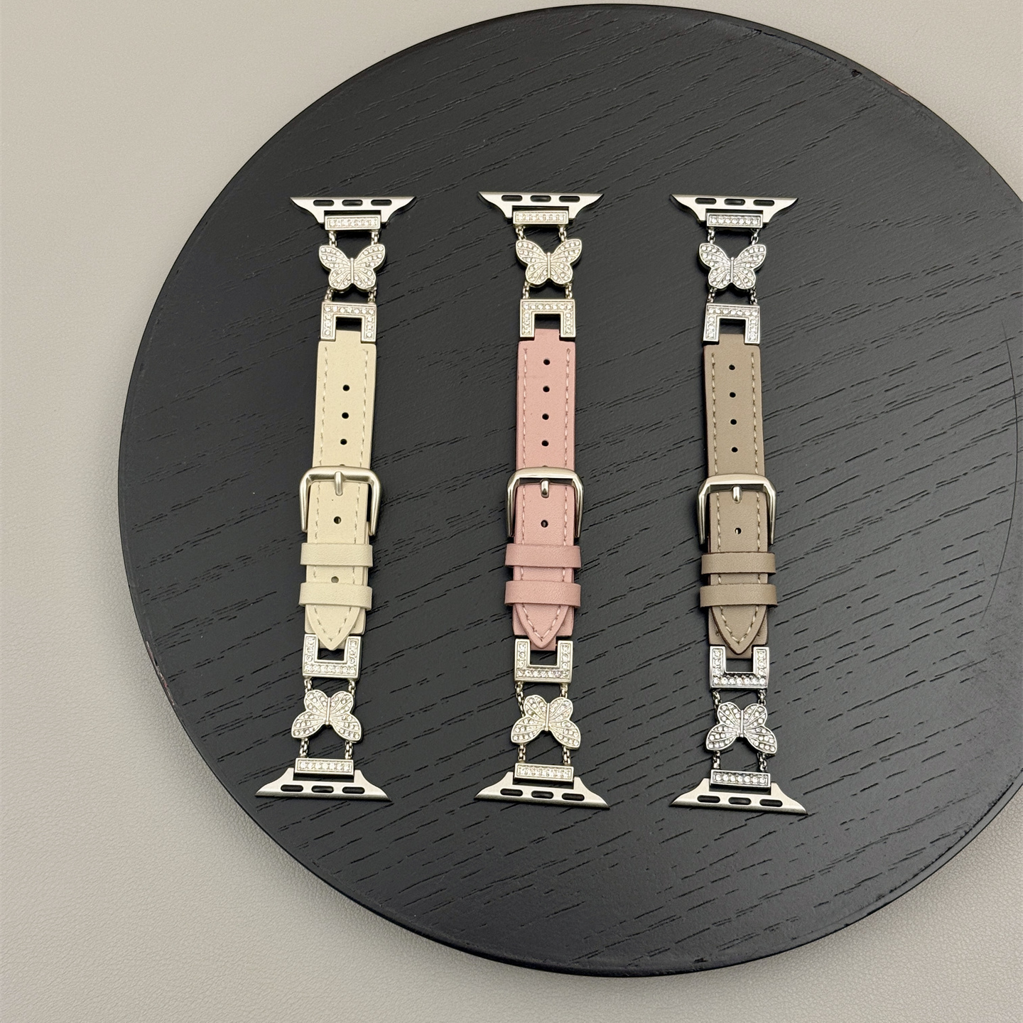 轻奢立体钻金属蝴蝶皮质表带适用iwatch11苹果手表applewatch9高级感s10秋冬季Ultra23新款45SE简约s9女款s6