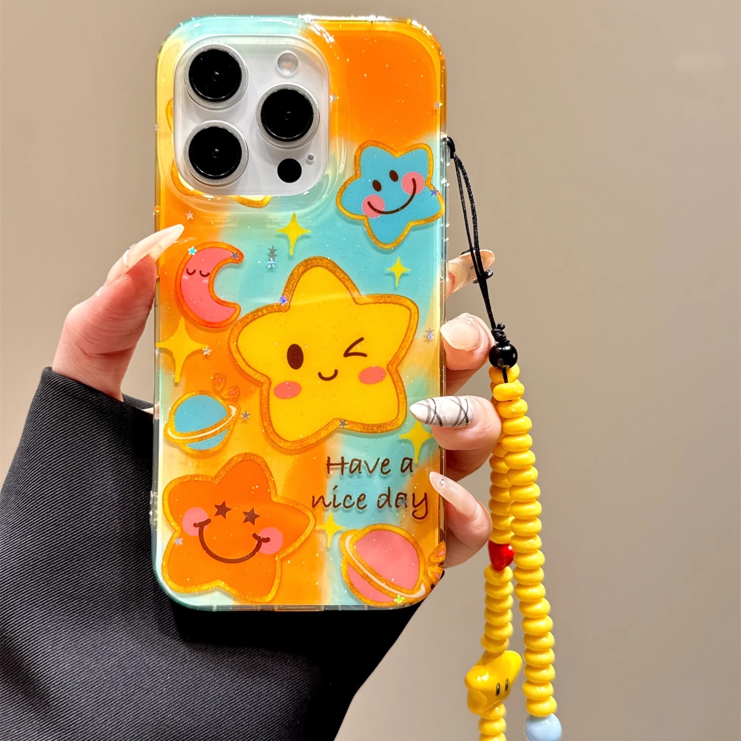 细闪粉晕染游湖星星月亮笑脸表情链条适用于iphone16promax苹果14手机壳15新款15pro女16可爱13pm硅胶防摔套