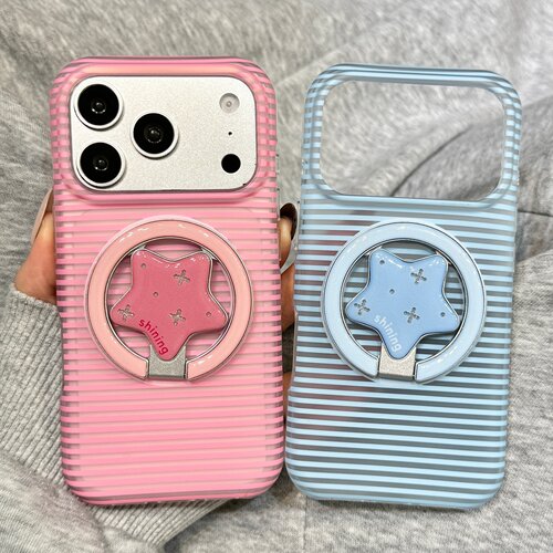 简约风蓝粉条纹闪粉星星折叠磁吸支架适用于iphone17promax苹果17手机壳15新款16pro女17pm硅胶情侣防摔软壳