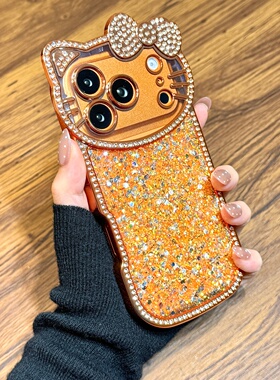 高级感橙色亮片立体钻蝴蝶结kitty猫造型适用于iphone17promax苹果14手机壳15新款16pro女13全包17pm硅胶防摔