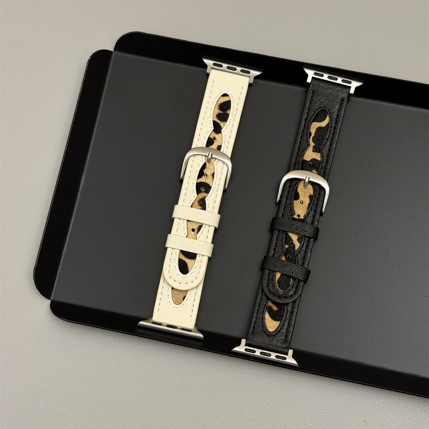 镂空拼接撞色豹纹皮质表带适用iwatch11苹果手表applewatch9高级感s10情侣Ultra23秋冬新款45SE简约s9女款s6