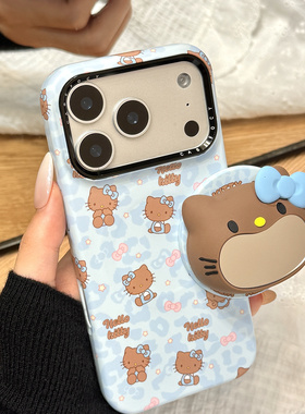 蓝色豹纹蝴蝶结kitty猫镜子磁吸支架适用于iphone17promax苹果14手机壳15新款16pro女13可爱17pm菲林壳防摔套