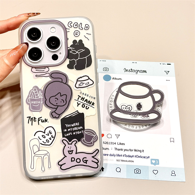 可爱线条猫咪狗狗茶杯摇摇乐磁吸支架适用于iphone16promax苹果14手机壳15新款15pro女16双层13pm硅胶防摔套