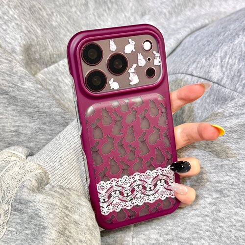勃艮第红色蕾丝边花朵兔子蝴蝶结挂链适用于iphone18promax苹果17手机壳15新款16pro女17pm双层硅胶防摔软壳