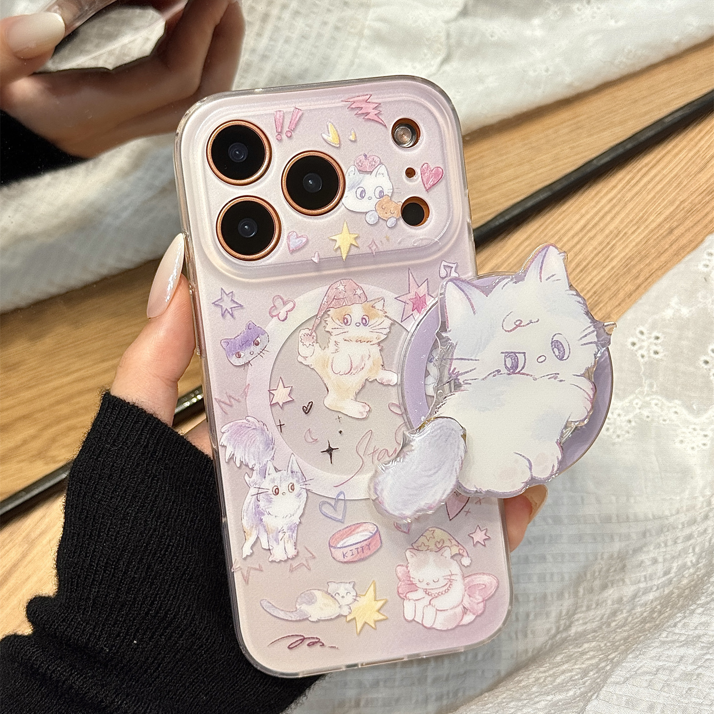 紫色晕染油画涂鸦猫咪旋转磁吸支架适用于iphone17promax苹果14手机壳15新款16pro女13可爱17pm硅胶防摔软壳