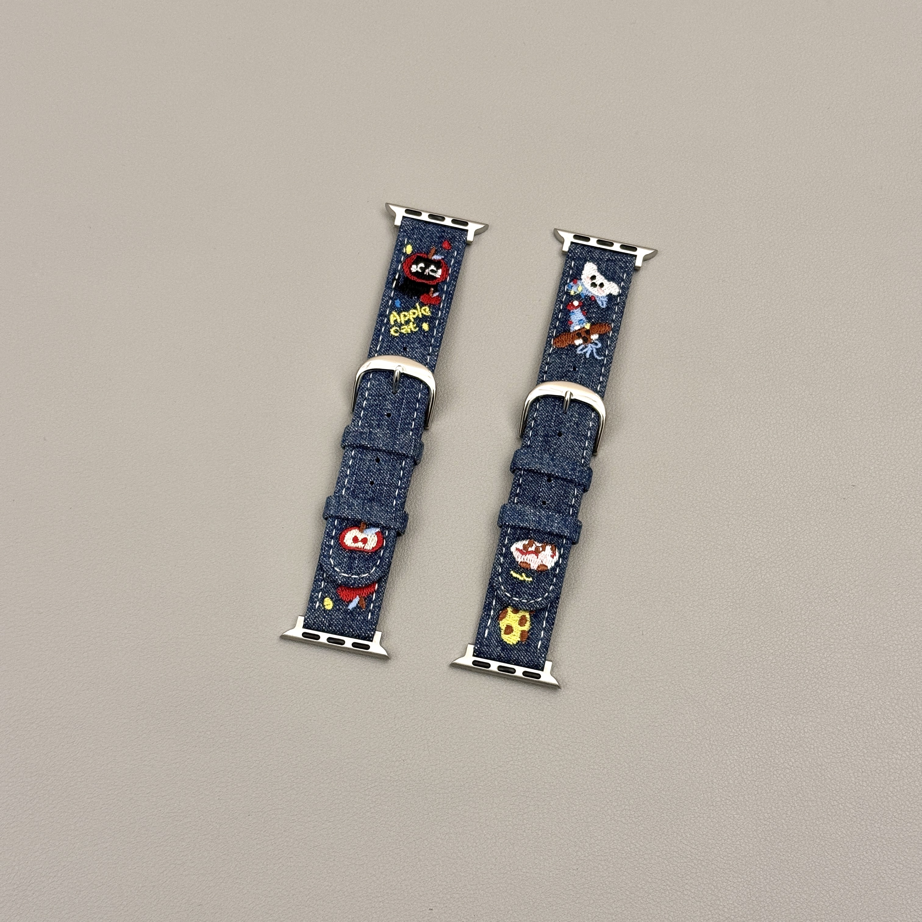 刺绣红苹果猫咪狗狗牛仔布表带适用iwatch11苹果手表applewatch9小众风s10情侣Ultra23新款45SE简约s6女款S9