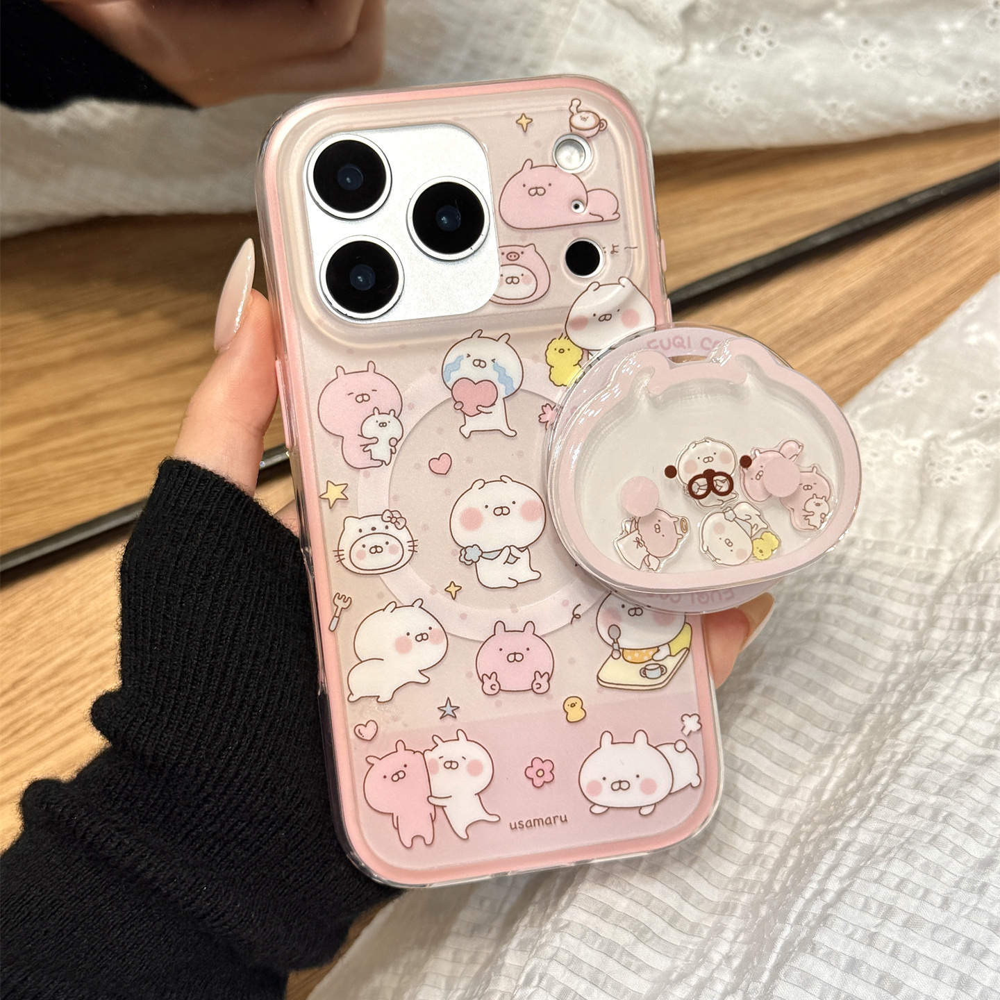 少女粉油画波点爱心兔丸磁吸支架适用于iphone17promax苹果14手机壳15新款16pro女13二合一17pm硅胶防摔软壳