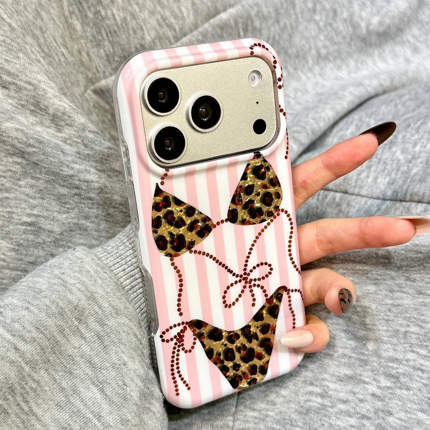 撞色条纹波点蝴蝶结豹纹比基尼适用于iphone17promax苹果17手机壳15新款16pro女17pm双层硅胶创意防摔保护套