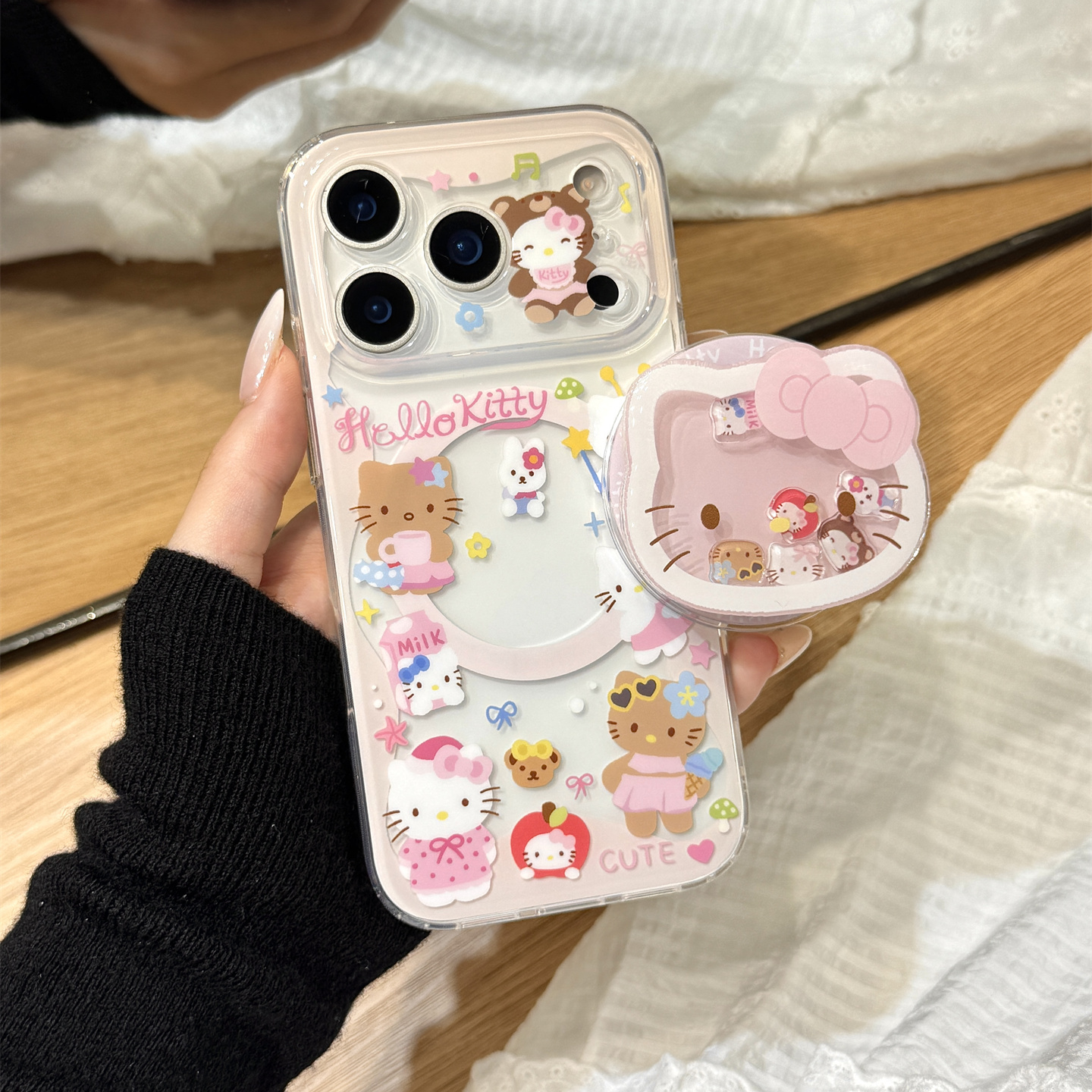 韩风可爱粉色围边黑白皮Kitty猫磁吸支架适用于iphone17promax苹果14手机壳15新款16pro女13少女心17pm防摔套