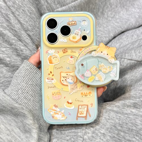 可爱油画甜品面包猫咪小鱼磁吸支架适用于iphone17promax苹果14手机壳15新款16pro女13二合一17pm硅胶防摔套