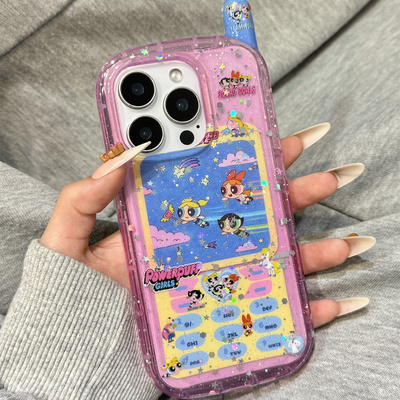 闪粉亮片立体大哥大造型可爱小女警适用于iphone16promax苹果14手机壳15新款15pro女16少女心13pm硅胶防摔套