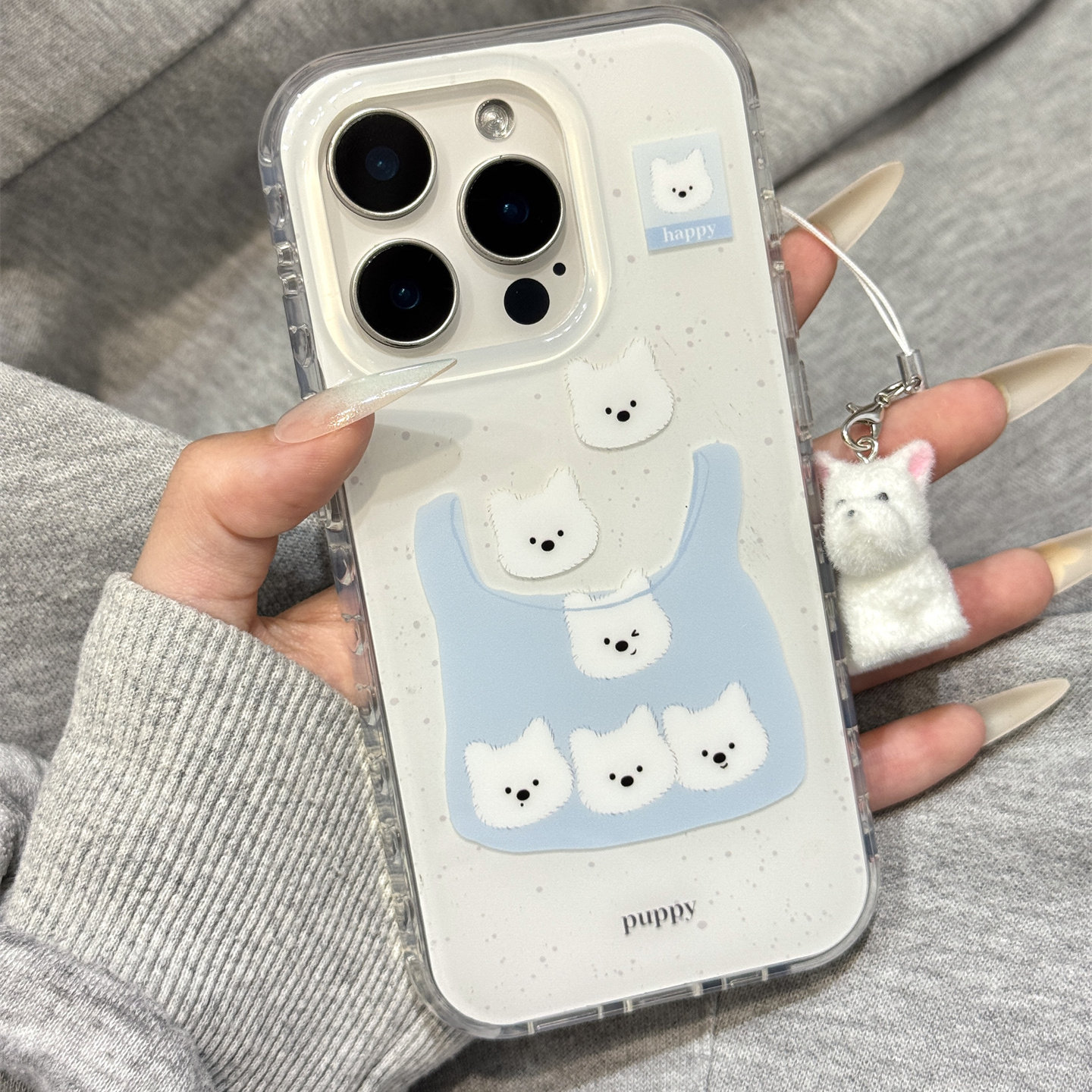 简约风泼墨蓝色购物袋狗狗毛毡挂件适用于iphone16promax苹果14手机壳15新款15pro女16可爱13pm硅胶防摔软壳,3C数码配件,手机保护套/壳,淘宝优惠券,粉丝福利购,淘宝优惠卷