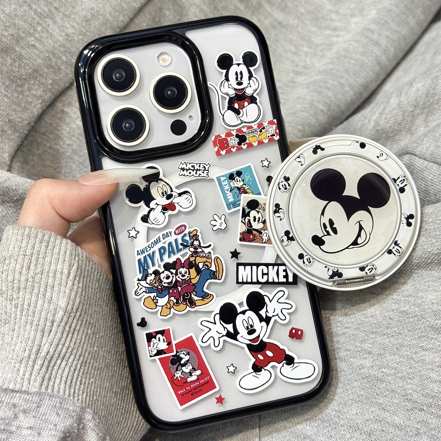 可爱动漫米奇小伙伴折叠磁吸支架适用于iphone17promax苹果14手机壳15新款16pro女17少女心13pm硅胶防摔软壳