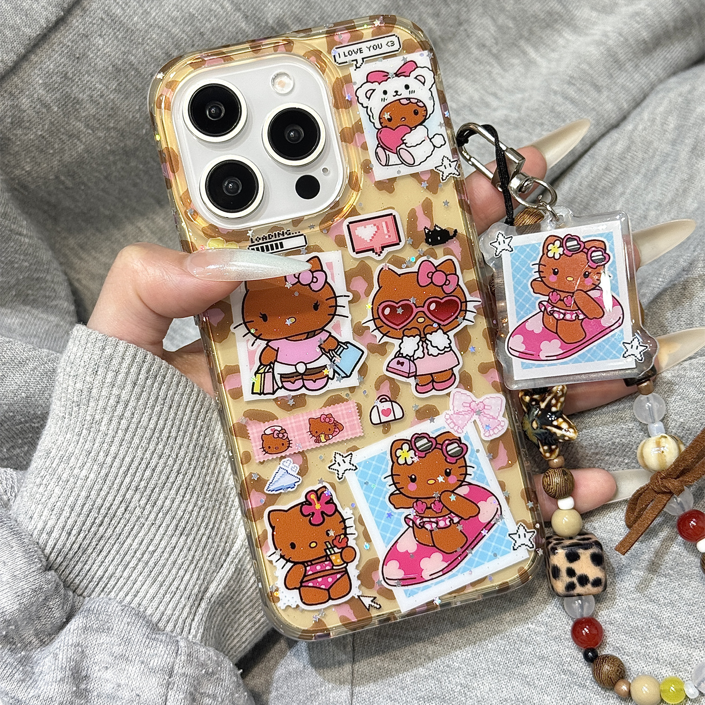 细闪粉亮片豹纹黑皮kitty猫挂件链条适用于iphone16promax苹果14手机壳15新款15pro女16少女心13pm硅胶防摔套