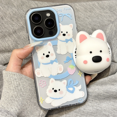 软萌可爱油画蓝色蝴蝶结狗狗磁吸支架适用于iphone16promax苹果14手机壳15新款15pro女16双层13pm硅胶防摔套