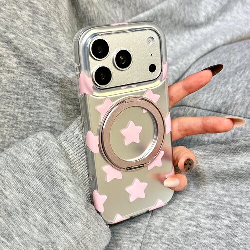 高级感银底满屏粉色星星360旋转一体支点壳适用于iphone17promax苹果15手机壳17新款16pro女17pm硅胶防摔软壳