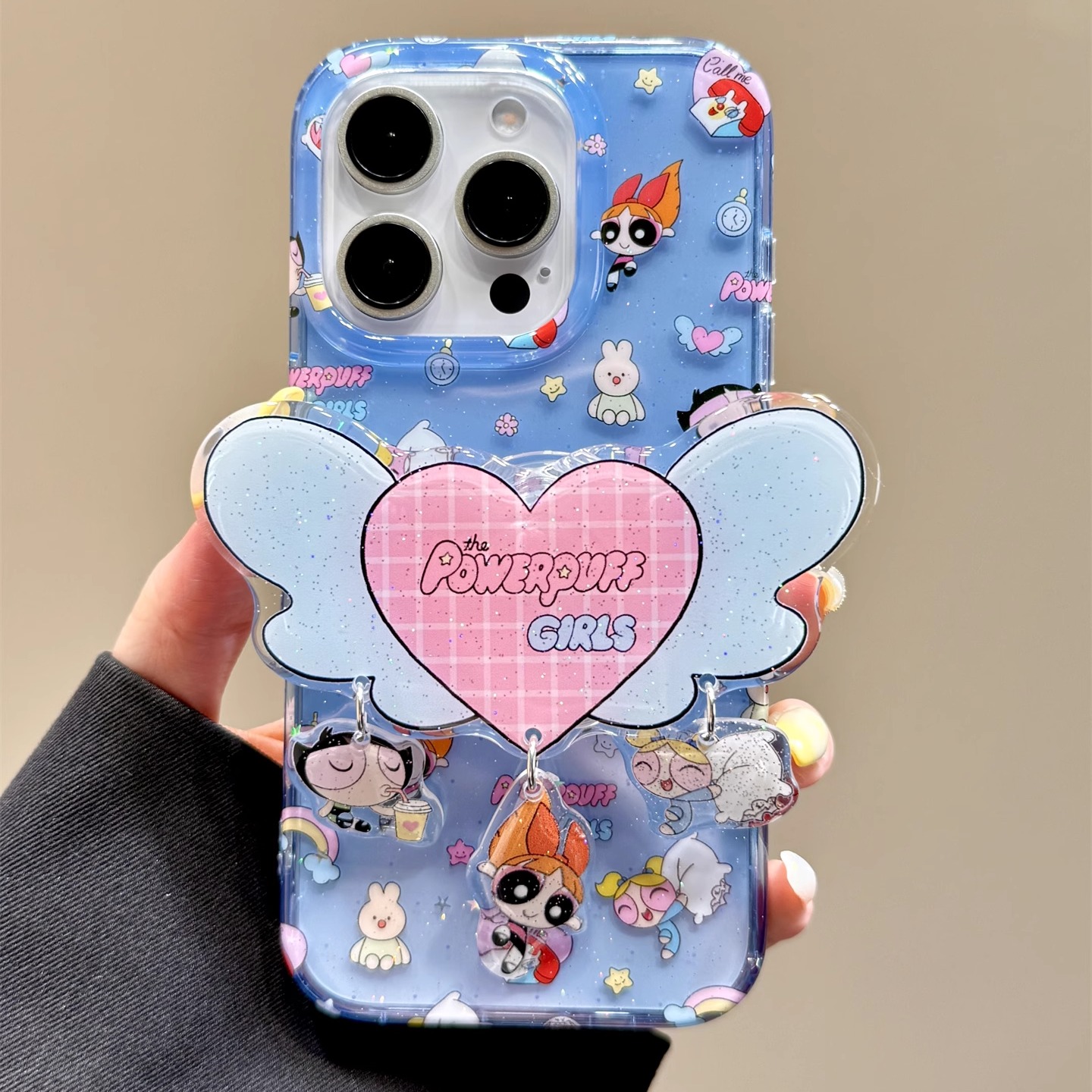 闪粉彩虹小女警爱心翅膀挂件支架适用于iphone16promax苹果14手机壳15新款15pro女16可爱13pm半透硅胶防摔套