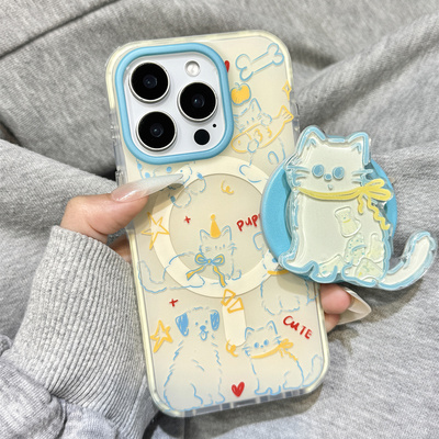 可爱油画蓝线条狗狗猫咪磁吸支架适用于iphone16promax苹果14手机壳15新款15pro女16双层13pm硅胶创意防摔套