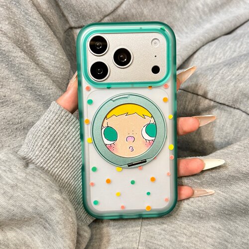 满屏彩色波点大眼睛女孩360旋转一体支点壳适用于iphone17promax苹果14手机壳15新款16pro女13硅胶17pm防摔套